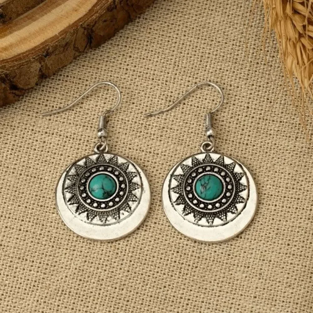 Boho Aztec Western Sun Round Turquoise Dangle Earrings - Picture 2 of 5